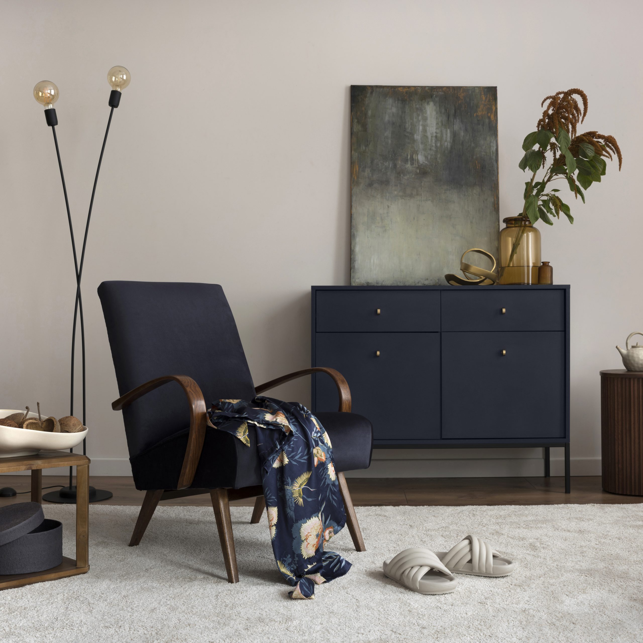 Creative composition of living room interior with mock up poster